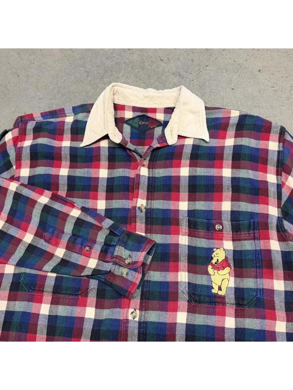 Vintage 90s Disney Winnie The Pooh Corduroy Collar Plaid Button Up Shirt